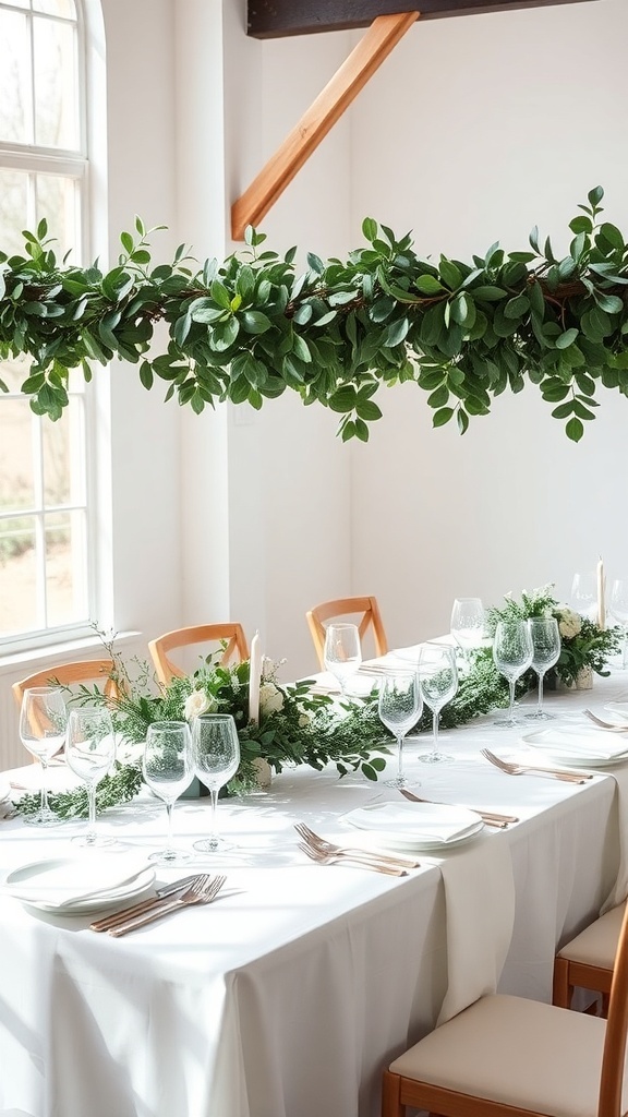 A beautifully decorated table featuring greenery garlands of eucalyptus, enhancing the wedding decor.