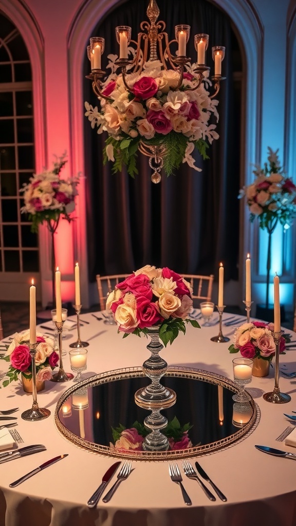 Wedding table with mirror centerpiece reflecting floral arrangements and candles