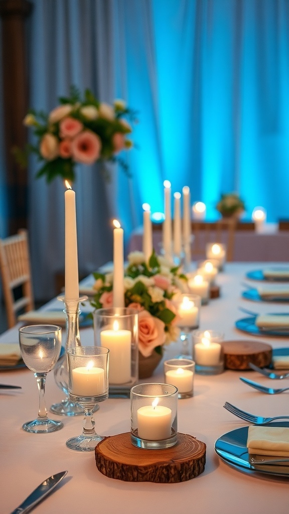 Beautifully arranged wedding table with tea light candles in glass holders.
