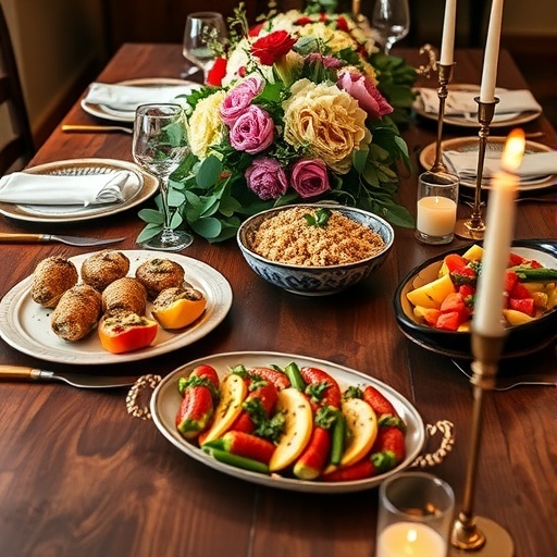 A beautifully set dining table with a variety of vegetarian dishes including salads, grains, and fruits.