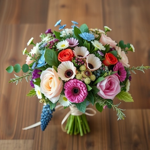 A vibrant rustic wedding bouquet featuring various colorful flowers and greenery.