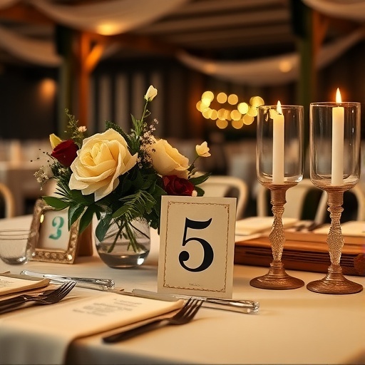 A beautifully set wedding table with vintage book-themed table numbers, floral arrangements, and candles.