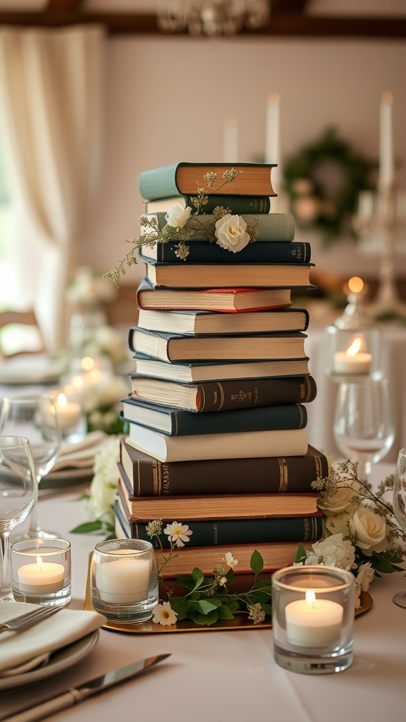 A stack of vintage books arranged as a centerpiece with flowers and candles on a wedding table.