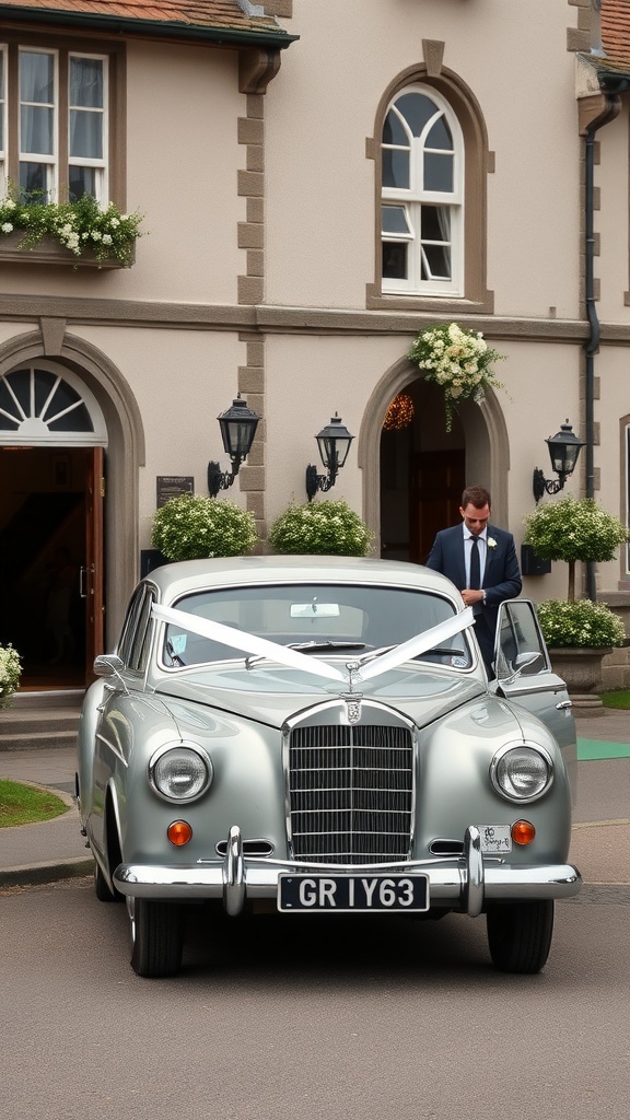 A vintage car decorated with ribbons parked outside a beautiful venue.