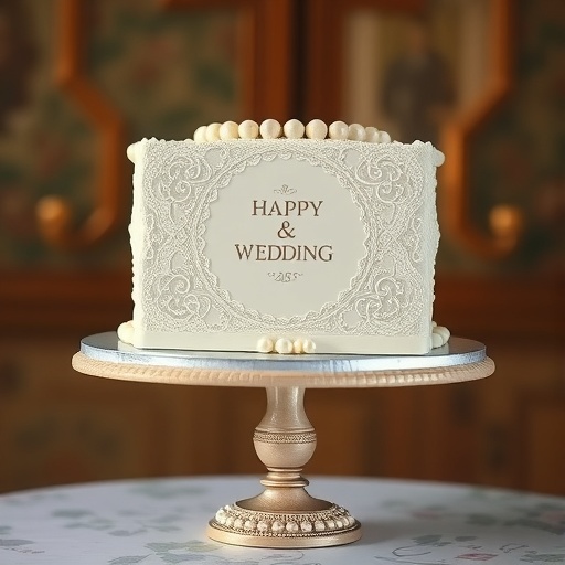 A vintage lace and pearls wedding cake on a decorative stand, featuring the words 'Happy & Wedding'.