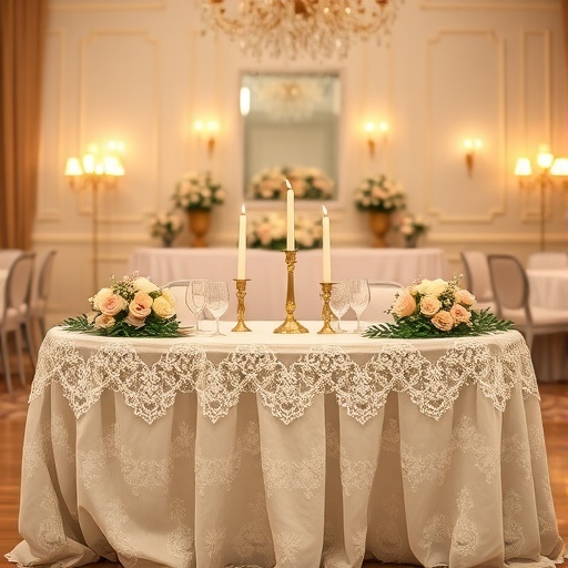 A vintage lace tablecloth draped elegantly over a table decorated with flowers and candles.