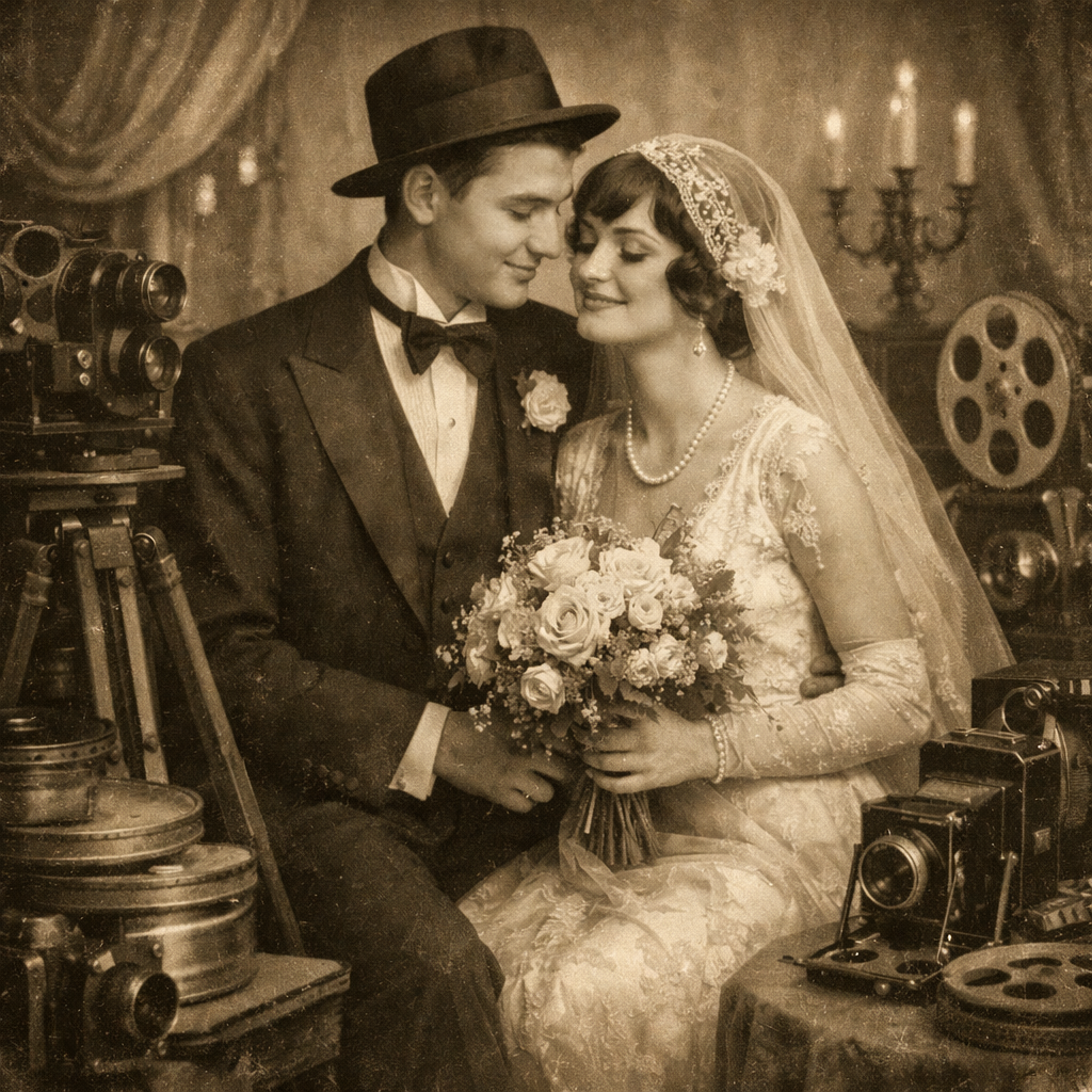 A vintage 1920s couple posing with cameras and film equipment