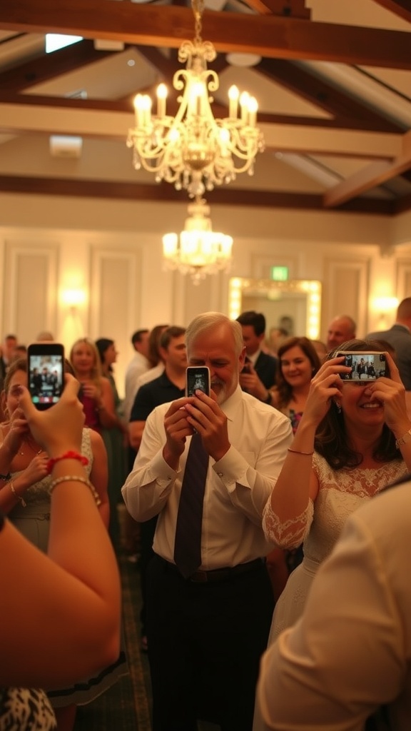 A group of wedding guests capturing moments on their smartphones.
