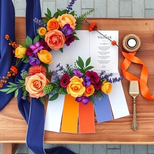Color palette featuring violet, tangerine, and cerulean with floral arrangements