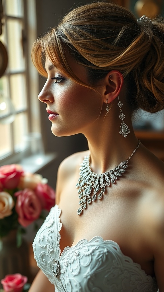 A bride wearing elegant heirloom jewelry, including a stunning necklace and earrings, with soft lighting and roses in the background.