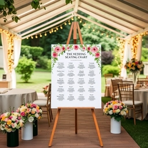 A beautifully arranged wedding seating chart sign under a tent with floral decorations.