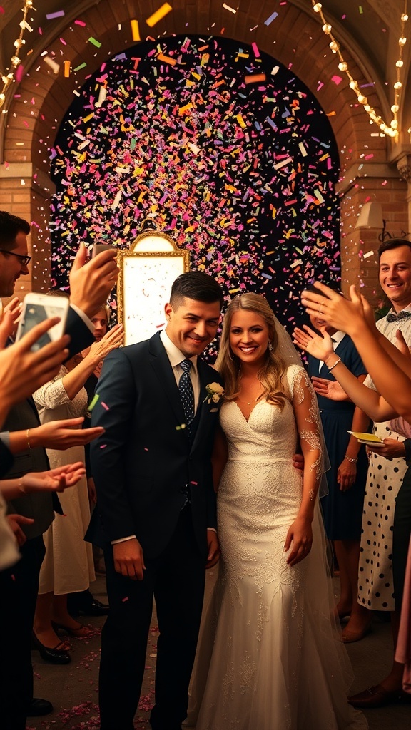 Couple surrounded by friends tossing colorful confetti in celebration