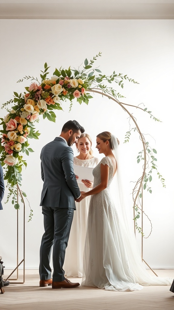 A couple exchanging vows under a whimsical floral arch with pink and white flowers.