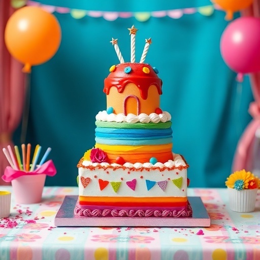 A colorful three-tier wedding cake decorated with stars, hearts, and vibrant layers.