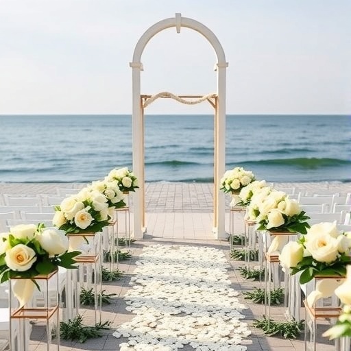 Beautiful waterfront wedding ceremony with white rose aisle markers and petal-strewn path.