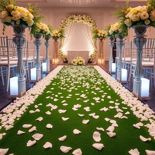 Wedding aisle decorated with white rose petals and elegant floral arrangements.