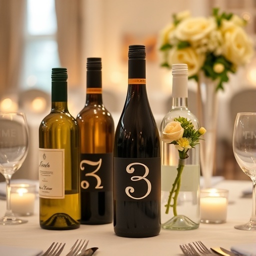 Table with wine bottles as table numbers and floral centerpiece.