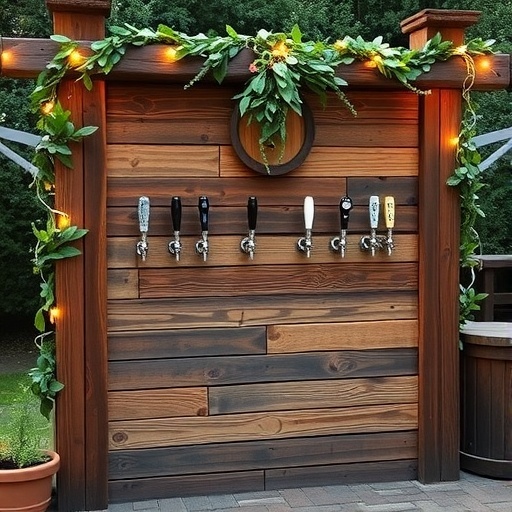 Wooden rustic beer-tap wall with taps and greenery