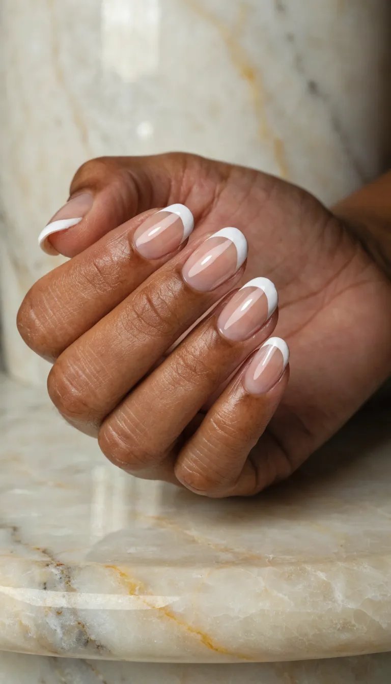 10 Stunning French Tip Nail Designs You Need to Try 2 A hand with classic white French tip nails resting on a marble surface.