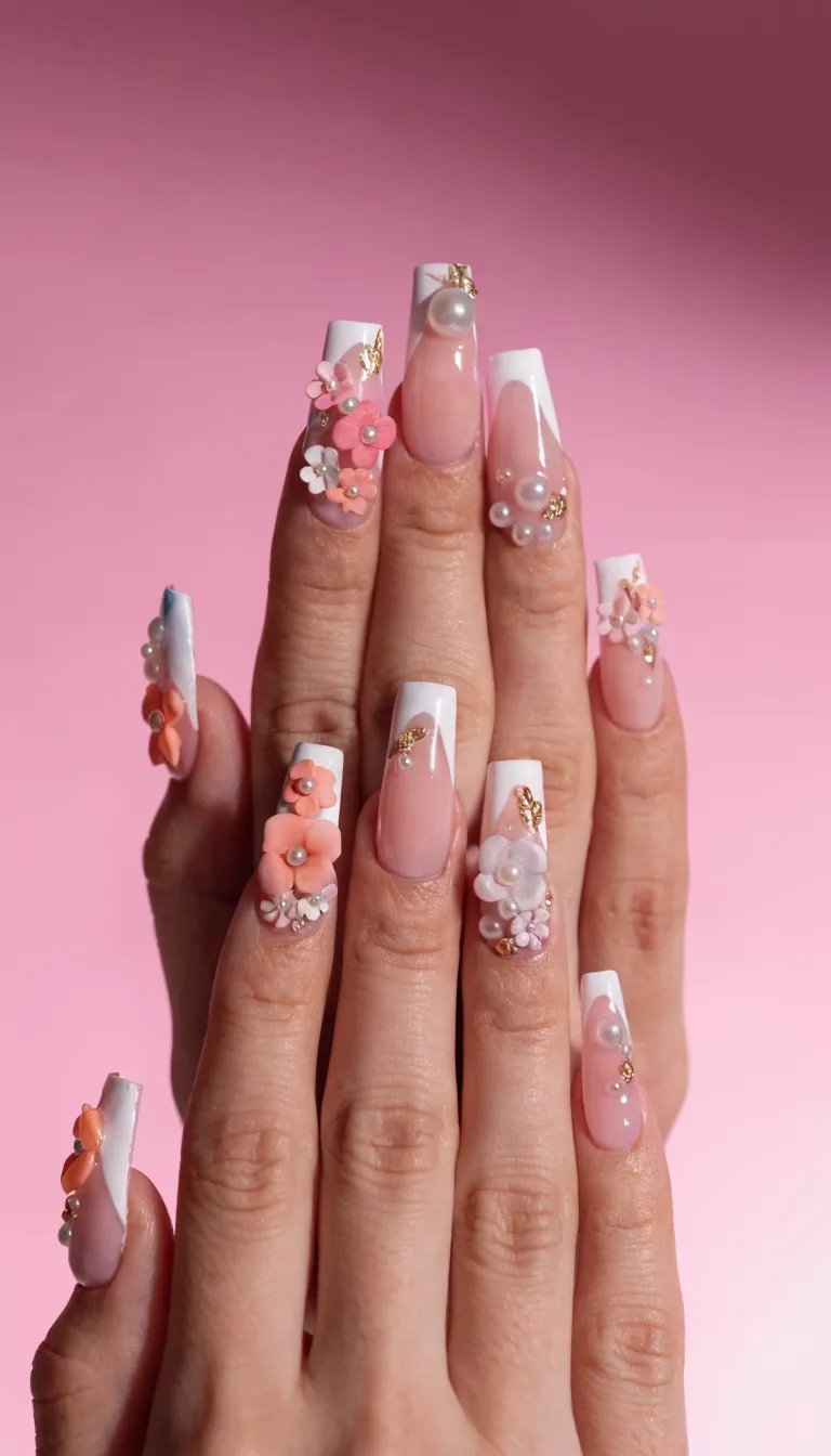 10 Stunning French Tip Nail Designs You Need to Try 7 Close-up of hands with floral accent french tip nails on a pink background