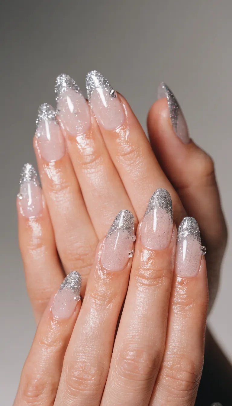 10 Stunning French Tip Nail Designs You Need to Try 9 Close-up of hands showing glitter French tip nails with a nude base and silver tips.