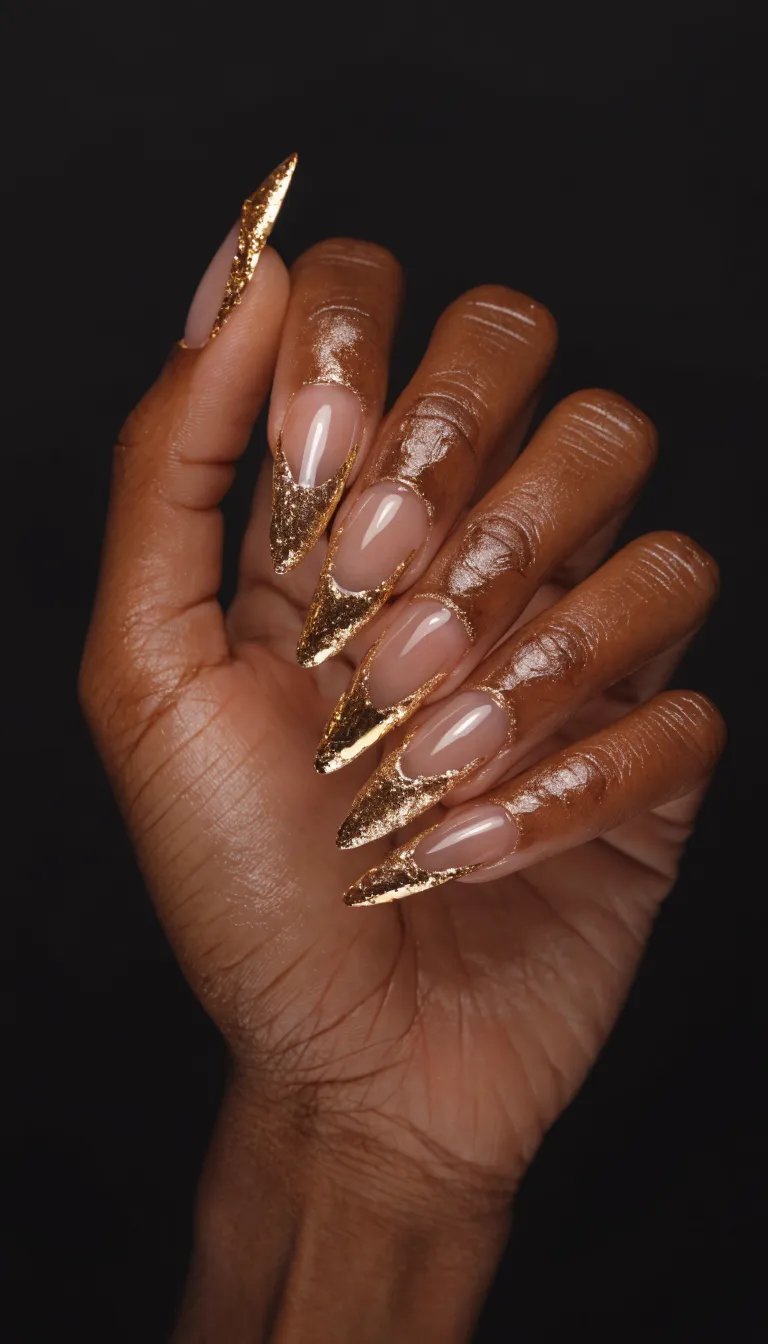 10 Stunning French Tip Nail Designs You Need to Try 4 Close-up of metallic gold French tip nails on a dark background