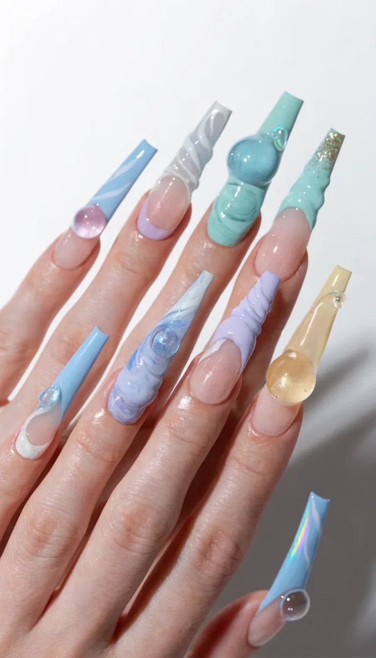 10 Stunning French Tip Nail Designs You Need to Try 5 A colorful display of pastel french tip nail designs with unique textures and finishes.