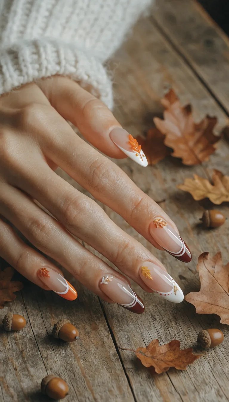 10 Stunning French Tip Nail Designs You Need to Try 11 Autumn-themed French tip nails with leaf decorations on a wooden surface
