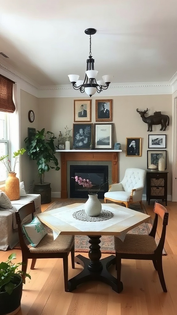 A cozy living and dining room combo with artwork on the walls, plants, and a stylish table.