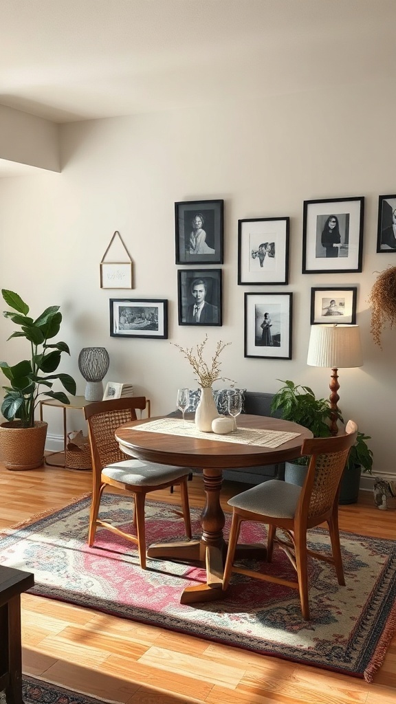 A small dining area with a table, plants, and a gallery wall of photos.