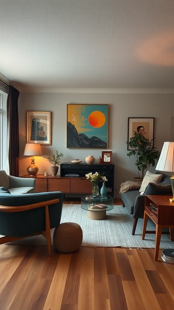 A mid-century modern living room featuring colorful artwork, stylish furniture, and vintage accessories.