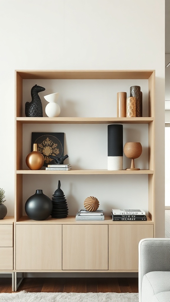 Stylish shelf decor featuring unique sculptures in a modern living room