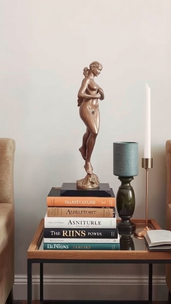 A bronze sculpture atop a stack of books on a side table with a candle and a decorative item.