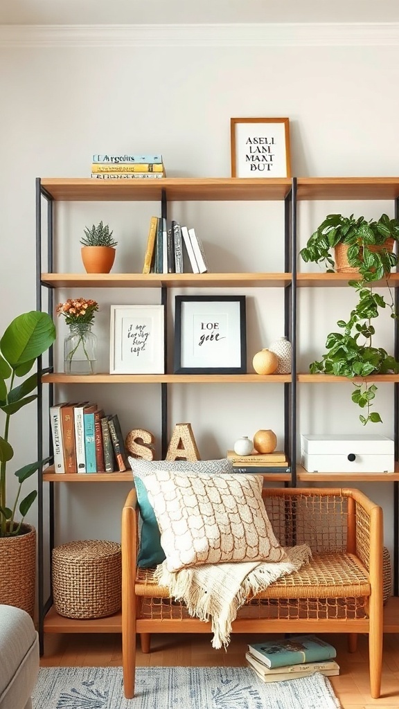Stylish living room shelf decor featuring books, plants, and cozy seating