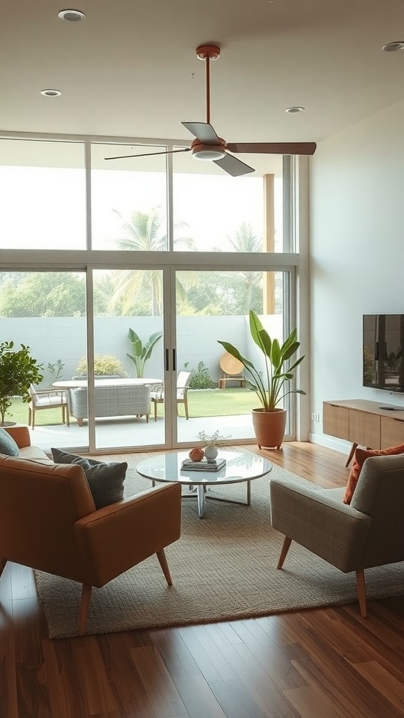 A mid-century modern living room with large glass doors leading to an outdoor space and stylish furniture.