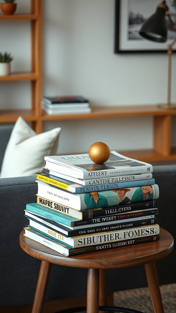 A neatly arranged stack of books on a wooden side table with a golden decorative sphere on top
