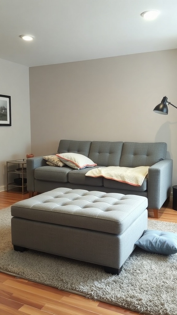 A small living room featuring a gray sofa and an ottoman.