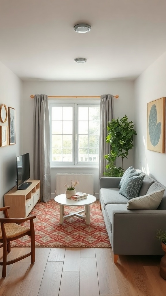 A small living and dining room combo with a sofa, coffee table, TV, and a plant.