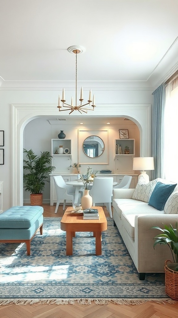 A small living and dining room combo with cohesive color schemes featuring soft whites and blue accents.