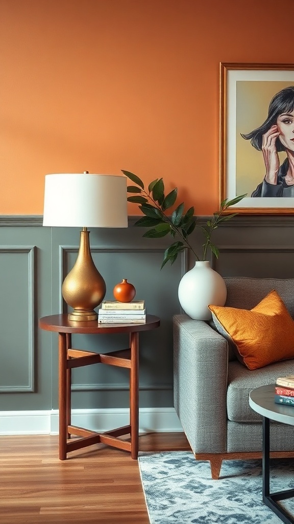A cozy living room corner featuring a side table with decorative objects and a warm orange wall.
