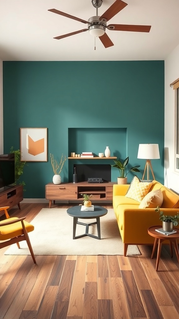Mid-century modern living room featuring teal accent wall and yellow sofa