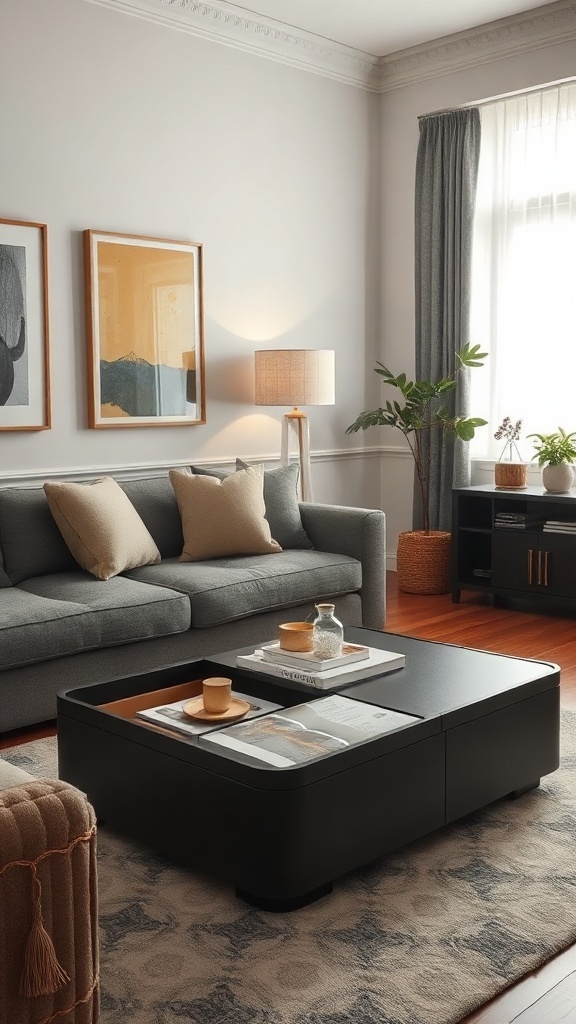 A cozy living room featuring a modern compact black coffee table with storage, gray sofa, decorative items, and a warm rug.