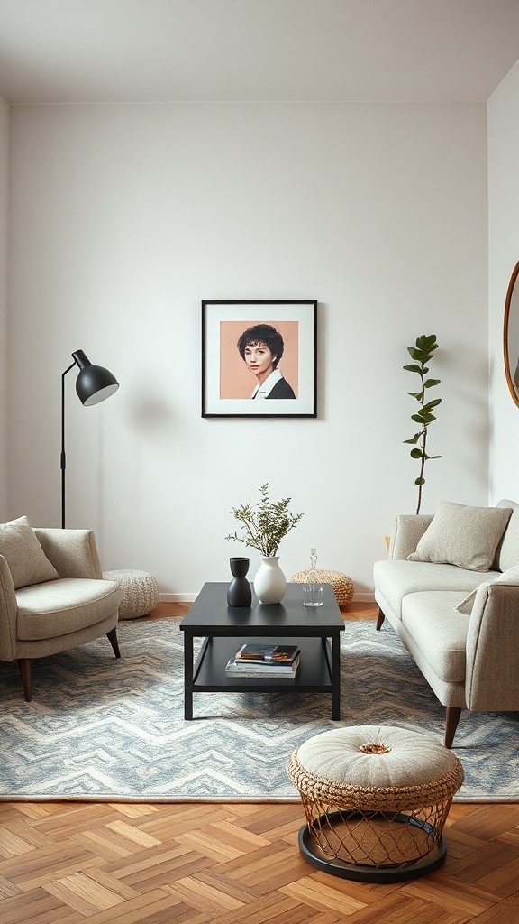 A stylish small living room featuring a compact black coffee table, light-colored furniture, and a modern decor