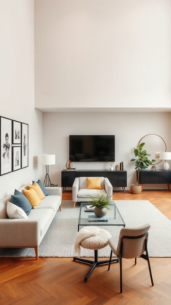 A modern living room with a sectional couch, coffee table, and a TV.