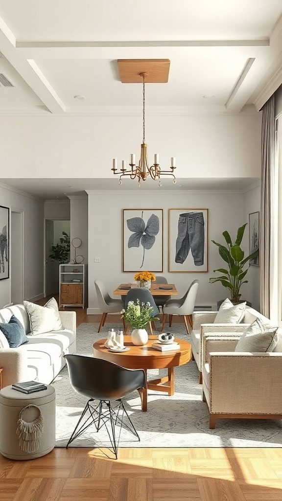 A modern living and dining room combo featuring a bright chandelier, stylish furniture, and decorative plants.