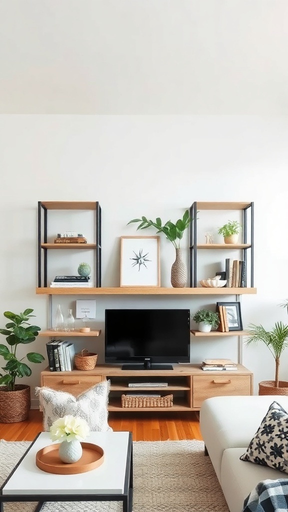 A cozy living room with themed shelf decor, featuring plants and decorative items.