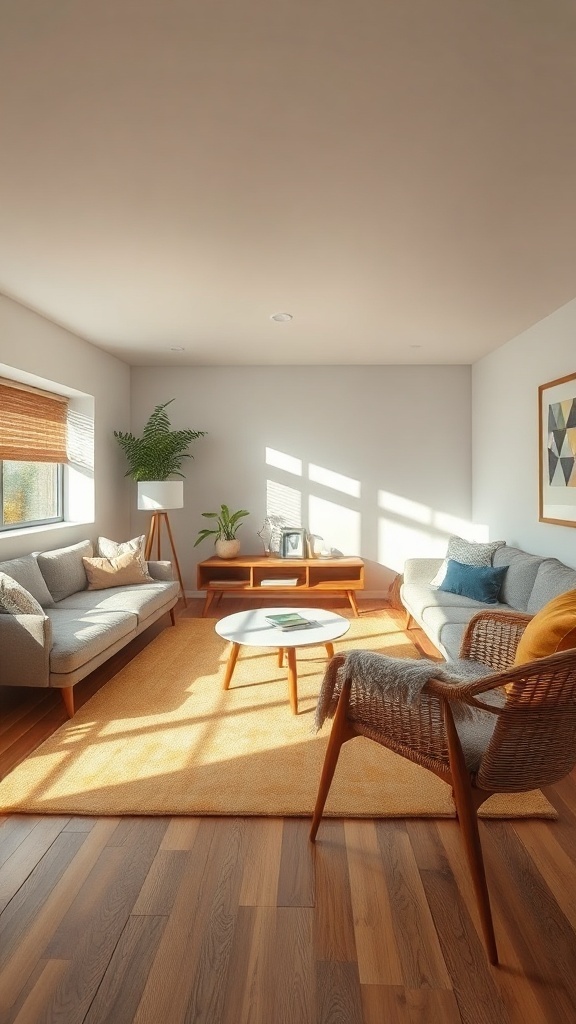 A cozy small living room with a warm orange area rug, light wooden flooring, stylish furniture, and natural light.