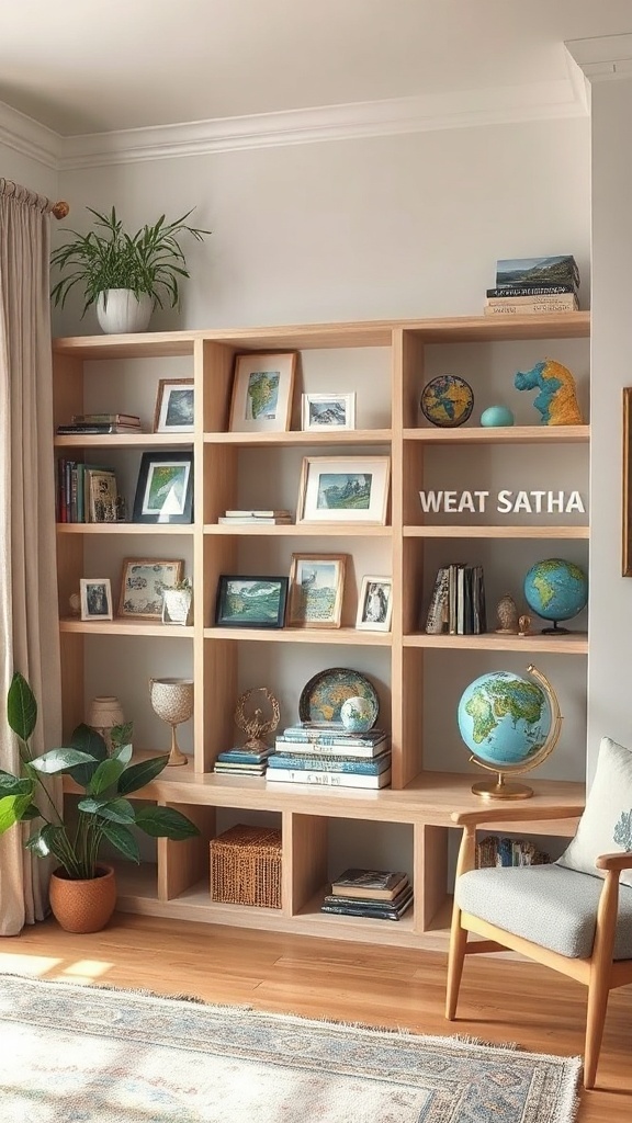 A well-decorated shelf featuring travel souvenirs including globes, framed photos, and decorative items.