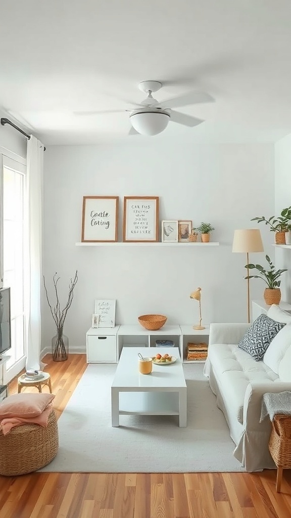 Cozy small living room with minimal decor, featuring a white couch, a coffee table with fruit, and shelves with plants.