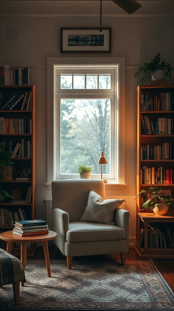 A cozy reading nook featuring an armchair, a side table with books, and bookshelves filled with books.